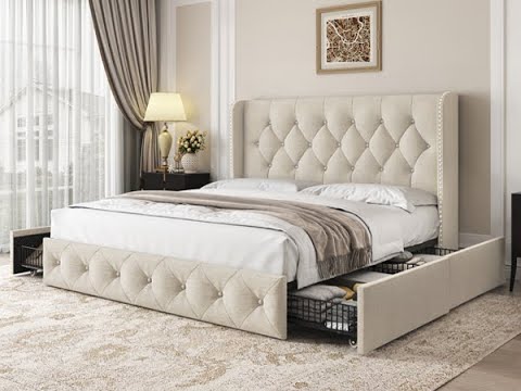 LARMACE Modern Storage Bed Frame, Space Saving, Queen Size, Assembly Video