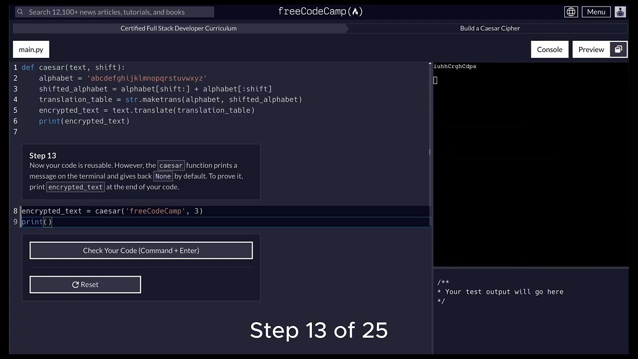 FreeCodeCamp - Full Course - Python Project - Step 1 to 25 - Caesar Cipher