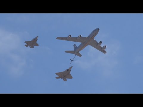 F-22, F-35, and KC-135 fly in formation at Edwards Air Force Base. 2022. 4K 60fps.