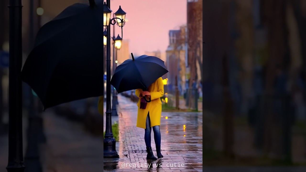 AI Generated Art:  Rainy Day Oops! ☔️ Woman in Yellow Coat & Her Quirky Umbrella! (Funny & Sweet)
