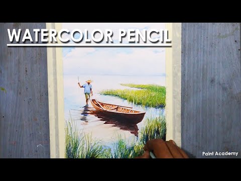 Watercolor Pencil A Composition on Boat in the River