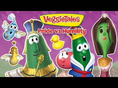 Collage of VeggieTales characters against a purple background with the title Pride vs Humility, colorful and playful.
