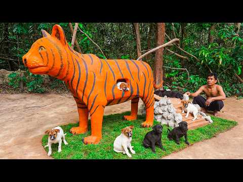 I Built a GIANT Tiger House for Puppies in the Jungle 🐯🐶 They Moved Inside!