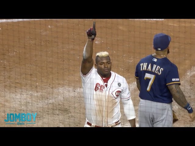 Yasiel Puig takes advantage of the Brewers misplay and scores the walk off run, a breakdown