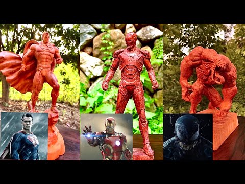 Amazing Skill Wood Carving to make IRON MAN , VENOM AND SUPERMAN - Wood Sculpture Art