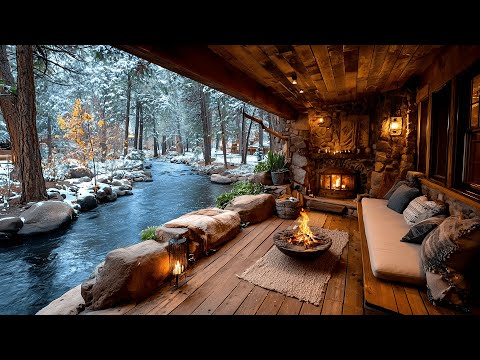Winter Porch Campfire and River, Nature Sounds Ambience
