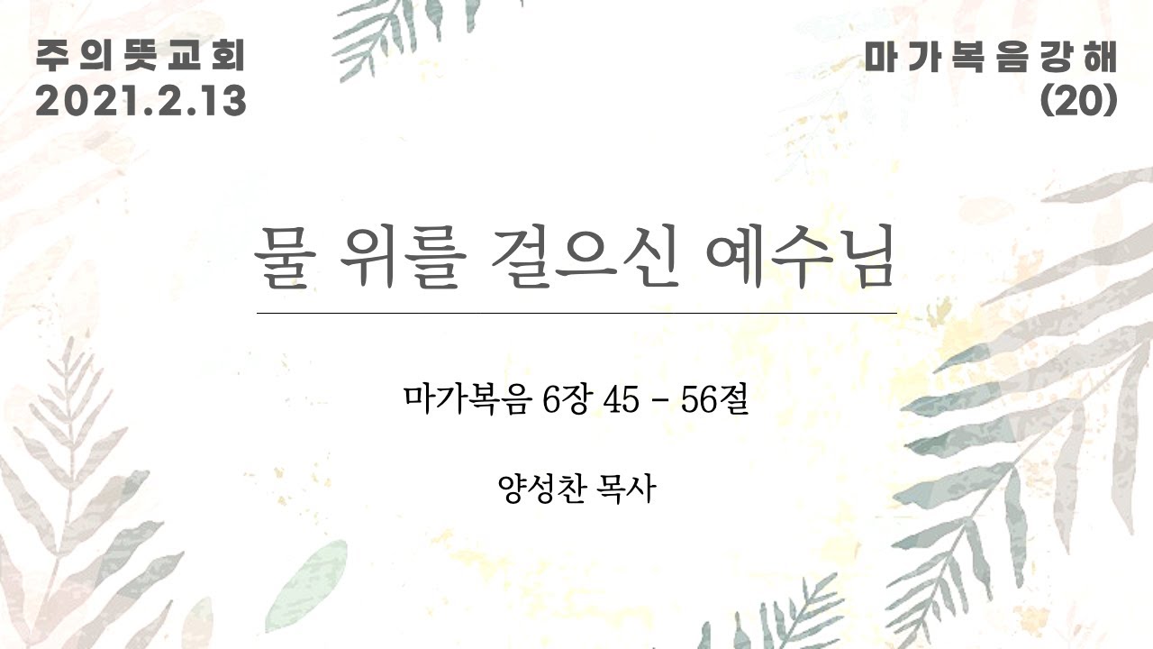 마가복음 강해(20), 물 위를 걸으신 예수님 , 마가복음 6장 45 - 56절, 양성찬 목사, 주의뜻교회 영상 썸네일
