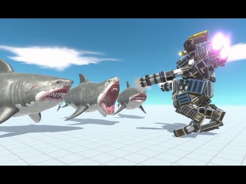 ARBS Mutant Megalodon vs Battle Bot Mosasaurus Skeleton Trex Dragon Animal Revolt Battle Simulator z