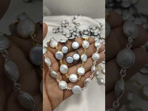 Natural pearl gemstone bezel chain gold plated round shape b...