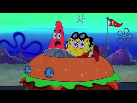 Official 2004 trailer frame for The SpongeBob SquarePants Movie showing SpongeBob and Patrick on their quest