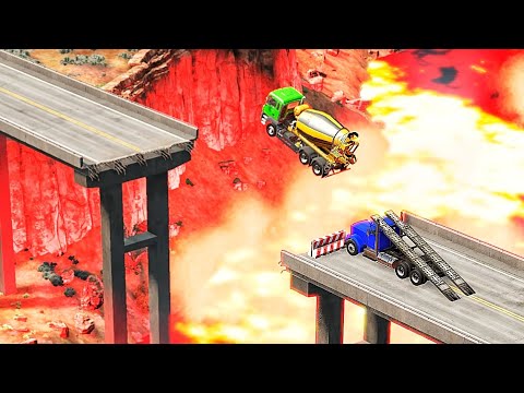 Cars vs Lava River and Broken bridge – BeamNG.Drive