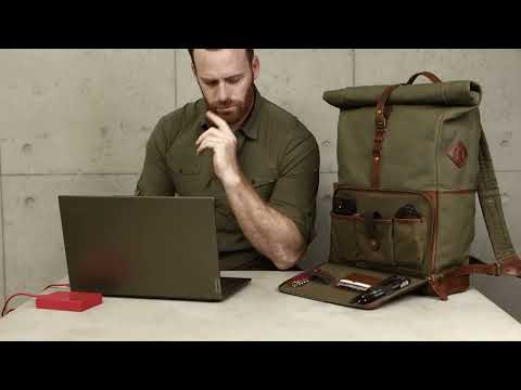 Rolltop Rucksack Herren aus Leder & Canvas mit Fach für Technik-Zubehör Grün, Arthur von DRAKENSBERG