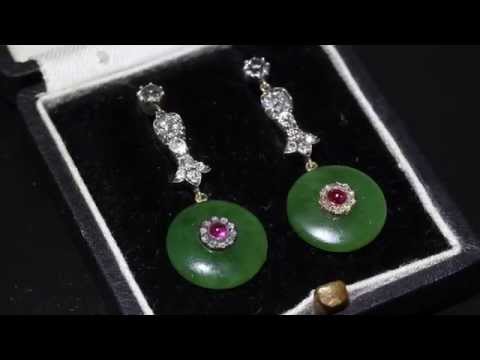 Edwardian Jade Diamond and Ruby Drop Earrings M422