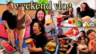 VLOG: hosting a girls sleepover, making drinks, having a pool day, eating seafood + reading together