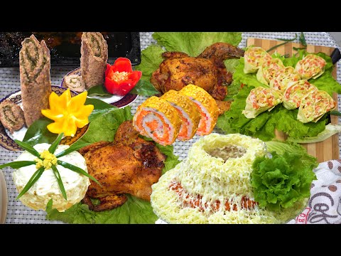 , title : '5 Delicious Salads + Dish + sushi salad for Appetizers For the Party Table'