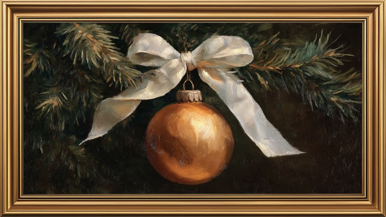 Golden Christmas Ornament Oil Painting | Elegant Holiday Frame TV Art | Cozy Xmas Digital Decor 4K