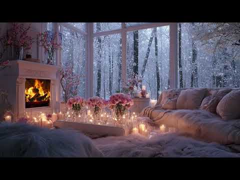 Romantic Winter Living Room Ambience with Snowy Wind - Cozy Fireplace Crackling for Deep Relaxation