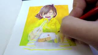 シャケ弁を食べる女の子 【不透明水彩 ガッシュ】