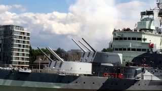 HMS Belfast firing all 6 inch fwd guns 05/06/2014 