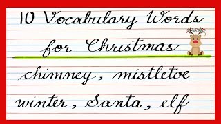 Words related to Christmas, christmas vocabulary in english cursive writing for beginners, spellings