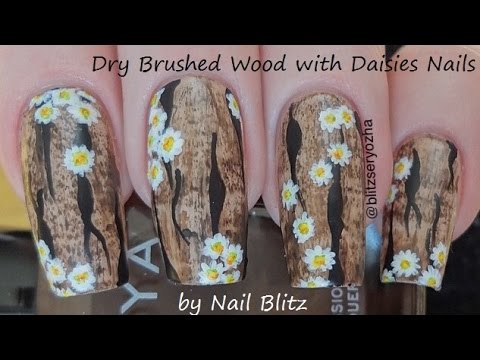 Easy Dry Brushed Wood with Daisies DIY Nail Art Tutorial