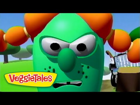 Angry green VeggieTales character with a big nose and orange pigtails, logo in the corner.
