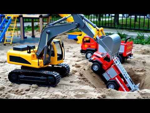 Excavator Finds & Rescues Surprise Toys in the Sand!  Car Wash for Kids