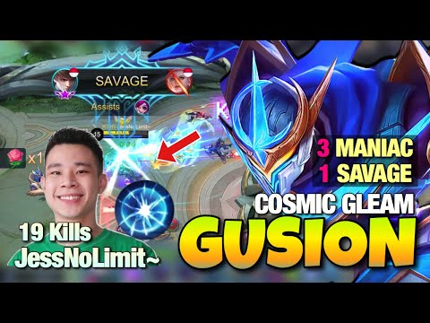 SAVAGE! Gusion Legendary Skin Cosmic Gleam! JessNoLimit Merciless Gusion 3 MANIAC 1 SAVAGE Gameplay