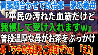 【スカッとする話】両家顔合わせで政治家一家の義母「平民の汚れた血筋だけど我慢して受け入れますw」普段温厚な母がお茶をぶっかけ母「ウチの先祖をご存知で？w」「え？」【修羅場】