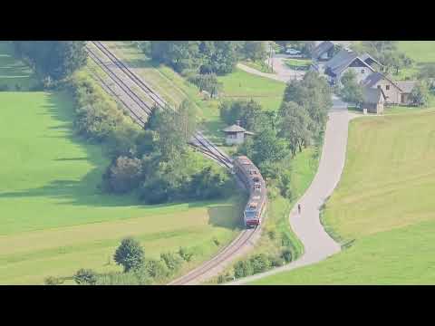 Train (Fiat 813) arriving to Bohinjska Bela railway station, view from Slap Iglica, Slovenia, Europe
