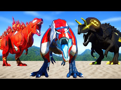 Batman Ultimasaurus vs Captain America Tyrannosaurus Rex Dinosaurs Fight - Jurassic World Evolution