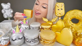 Download lagu ASMR EATING GOLD & SILVER FOOD, CHOCOLATE CAKE, MACARONS, DONUT (DESSERT) MUKBANG, 컬러 먹방 mp3