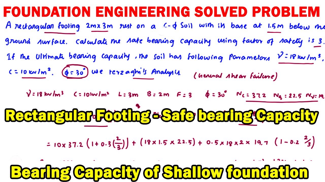 Numerical on Terzaghi Bearing Capacity, Determination of Safe Bearing Capacity, rectangular footing