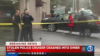 VIDEO: Suspect crashes stolen police cruiser into diner in Bristol