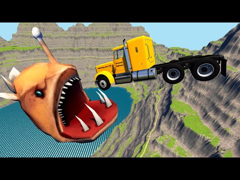 Jumping Cars into quarry with Monster Fish - BeamNG.Drive