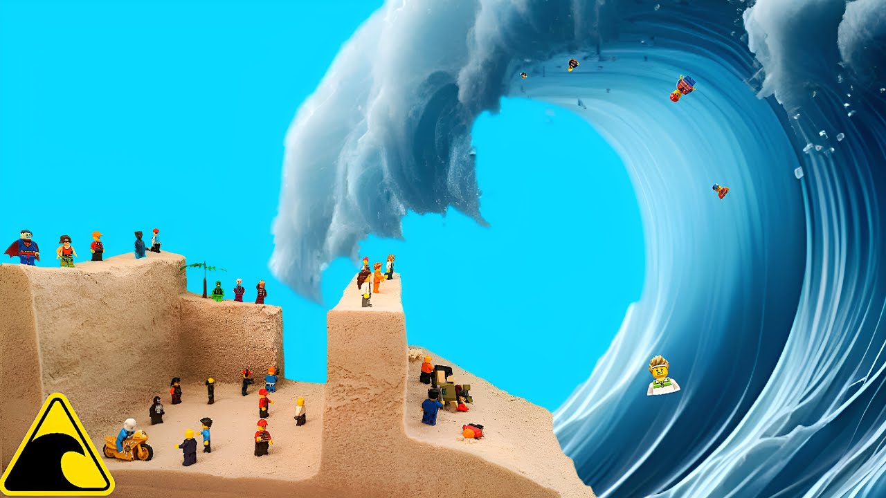 Lego Flood Disaster - Tsunami Dam Breach Experiment - Wave Machine VS Construction Workers