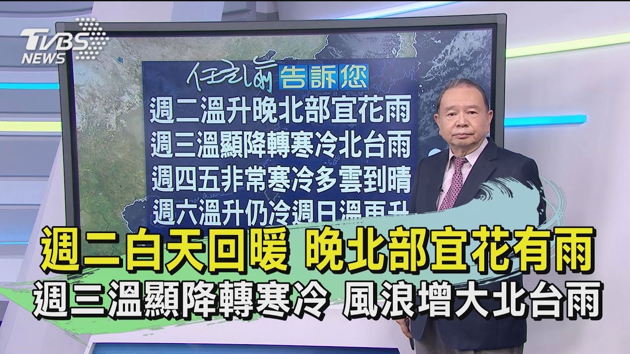 週二白天回暖晚北部宜花有雨 週三溫顯降轉寒冷風浪增大北台雨