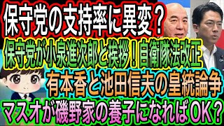 【日本保守党】の支持率に異変？／有本香と池田信夫が皇統論争！マスオ養子案？／保守党が小泉進次郎と挨拶！自衛隊法改正賛成で