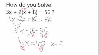 Solve 3x + 2 (x + 8) = 56