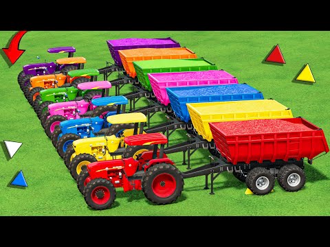 Transport of Colors! Small Tractors & BIG TESLA TURCK in Spiral Bridge Stunt Ride - Fs22