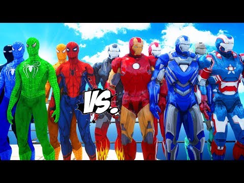 IRON MAN ARMY vs SPIDER-MAN, BLUE SPIDERMAN, GREEN SPIDERMAN, ORANGE SPIDERMAN, BLACK SPIDERMAN