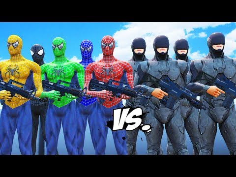 Spider-Man, Green Spiderman, Blue Spiderman, Yellow Spiderman, Black Spiderman VS RoboCop Army