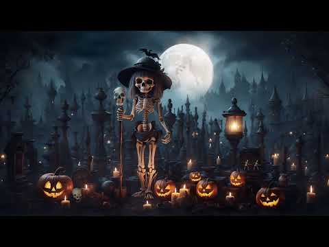 Cute Skeleton Girl in a Dark Spooky Graveyard 🪦 Halloween Cemetery Ambience 🎃Thunder & Candlelight