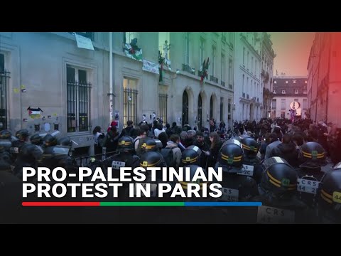 Pro-Palestinian protesters gather in front of Sciences Po university in Paris