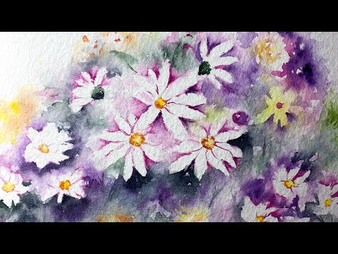 Watercolor asters flower paint along tutorial demo