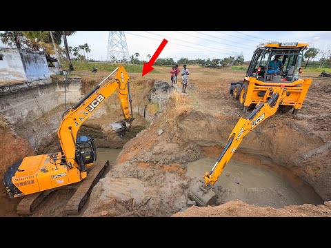 JCB JS215 Excavator Dig Old Well and JCB 3DX Loading Mud in Tractor Together for Repairing Well