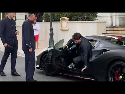 Charles Leclerc arriving in a Ferrarri at the restaurant in Monaco