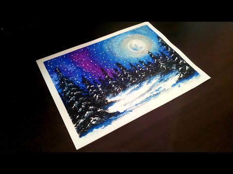 Easy Winter Snowfall scenery Drawing with Oil Pastels | Step by Step