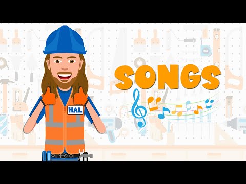Cartoon construction worker in an orange safety vest and blue hard hat giving thumbs up beside the word 'SONGS' and colorful musical notes on a light workshop backdrop.