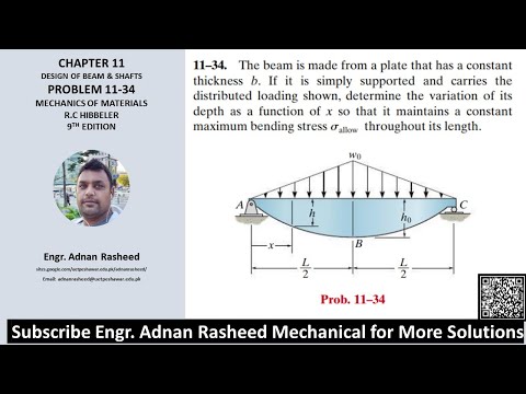11-34 Determine the variation of its depth as a function of x | Mech of materials rc Hibbeler